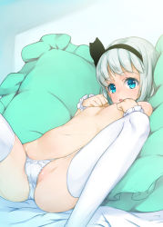 Rule 34 | 1girl, blue eyes, breasts, dutch angle, flat chest, frilled pillow, frills, hairband, hashimoto w.s., highres, konpaku youmu, looking at viewer, lying, navel, nipples, on back, on bed, open mouth, panties, pillow, short hair, silver hair, small breasts, solo, spread legs, thighhighs, topless, touhou, underwear, underwear only, white thighhighs, wrist cuffs
