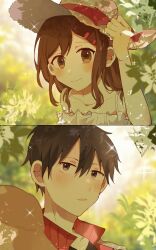 Rule 34 | 1boy, 1girl, 2koma, absurdres, bare shoulders, black eyes, black hair, blurry, blush, bow, brown eyes, brown hair, casual, chinese commentary, close-up, collarbone, comic, dappled sunlight, day, depth of field, dress, flower, hair between eyes, hair ornament, hairclip, hand on headwear, hat, hat bow, hat ribbon, highres, jacket, kagerou project, kisaragi shintarou, leaf, light blush, long hair, looking at another, mekakucity actors, no scarf, otorigg, outdoors, parted lips, popped collar, red bow, red jacket, red ribbon, ribbon, sleeveless, sleeveless dress, smile, sun hat, sunlight, tateyama ayano, track jacket, white dress, white flower