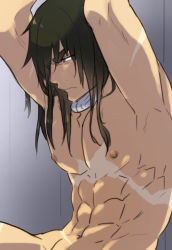 Rule 34 | 1boy, abs, arms up, black hair, character request, closed mouth, collar, hair down, kuromukuro, long hair, male focus, muscular, nipples, nude, ouma kennosuke tokisada, out-of-frame censoring, pectorals, pectorals, profile, red eyes, restrained, scar, sitting, solo, sugo6969, sweat, sweatdrop, tagme, tan, thick eyebrows, upper body