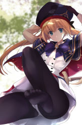 Rule 34 | 1girl, artoria caster (fate), artoria caster (second ascension) (fate), artoria pendragon (fate), blue eyes, closed mouth, crotch seam, fate/grand order, fate (series), feet, full body, gloves, hair between eyes, hair ornament, highres, lingerie, long hair, long sleeves, looking at viewer, no shoes, panties, panties under pantyhose, pantyhose, rikudou inuhiko, shirt, simple background, skirt, smile, soles, solo, thighband pantyhose, underwear, white background, white panties