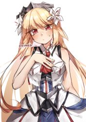 Rule 34 | 1girl, absurdres, ascot, blonde hair, blue skirt, brooklyn (kancolle), cowboy shot, enneh, hair flaps, hand on own chest, headgear, highres, jacket, kantai collection, long hair, military uniform, red ascot, red eyes, simple background, skirt, sleeveless, sleeveless jacket, solo, twitter username, white background, white jacket, white overskirt