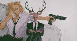 Rule 34 | 2boys, antlers, beastars, belt, between fingers, black jacket, black necktie, black pants, brown eyes, cigarette, closed mouth, collared shirt, couch, crossed legs, deadprince, deer boy, dress shirt, finger on trigger, fingernails, formal, furry, furry male, glasses, gun, handgun, highres, holding, holding cigarette, holding gun, holding weapon, horns, ibuki (beastars), jacket, lion boy, long sleeves, looking at viewer, looking away, louis (beastars), male focus, mouth hold, multiple boys, necktie, outstretched arm, pants, scar, scar on arm, sharp fingernails, shirt, sideways glance, simple background, sleeves rolled up, smoke, smoke trail, smoking, suit, upper body, weapon, white shirt