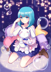 Rule 34 | 1girl, apring, bad id, bad pixiv id, bare shoulders, blue eyes, blue hair, blush, crier (vocaloid), crying, frilled pillow, frills, matching hair/eyes, multicolored eyes, pillow, pink eyes, skirt, solo, star (symbol), stuffed animal, stuffed rabbit, stuffed toy, tears, vocaloid