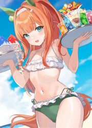 Rule 34 | 1girl, absurdres, animal ears, blue eyes, blush, breasts, cleavage, collarbone, commentary, cup, drinking glass, food, hair ornament, headband, highres, hiyoko neneko, horse ears, horse girl, horse tail, juice, looking at viewer, navel, open mouth, orange hair, ponytail, shaved ice, silence suzuka (umamusume), small breasts, solo, swimsuit, tail, translation request, tray, umamusume