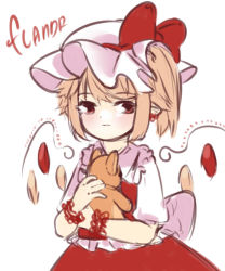 Rule 34 | 1girl, blonde hair, bow, character name, earrings, flandre scarlet, hat, hat bow, highres, holding, holding stuffed toy, jewelry, mob cap, pointy ears, puffy short sleeves, puffy sleeves, red bow, red eyes, red vest, short sleeves, side ponytail, simple background, solo, stuffed animal, stuffed toy, teddy bear, touhou, upper body, vest, white background, yoruny