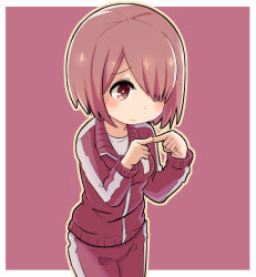 Rule 34 | 1girl, b3, blush, breasts, brown hair, chibi, cowboy shot, fingers together, hair over one eye, hoshino miyako (wataten), index fingers together, jacket, long sleeves, looking to the side, red background, short hair, simple background, smile, solo, track jacket, track suit, watashi ni tenshi ga maiorita!