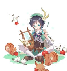 Rule 34 | !, 1boy, androgynous, animal, apple, beret, bird, black hair, blue hair, bow, braid, brooch, cape, collared cape, collared shirt, commentary, corset, english commentary, flower, food, frilled sleeves, frills, fruit, gem, genshin impact, gradient hair, green eyes, green hat, green shorts, hat, hat flower, highres, holding, holding instrument, indian style, instrument, jewelry, leaf, long sleeves, looking down, lyre, male focus, multicolored hair, music, open mouth, pantyhose, shirt, shoes, short hair with long locks, shorts, simple background, singing, sitting, smile, solo, squirrel, symbol-only commentary, twin braids, venti (genshin impact), vision (genshin impact), white flower, white pantyhose, white shirt, yue yue1102