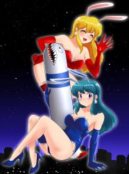 2girls absurdres akane_(parodius) animal_ears apron blonde_hair blue_eyes blue_gloves blue_hair blue_leotard breasts cityscape closed_eyes earrings elbow_gloves frilled_apron frills full_body gloves high_heels highres hikaru_(parodius) jewelry leotard long_hair medium_breasts missile multiple_girls nanao_futaba night parodius playboy_bunny pom_pom_(clothes) pom_pom_earrings rabbit_ears rabbit_tail red_gloves red_leotard strapless strapless_leotard tail thigh_strap waving