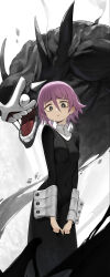 Rule 34 | 1other, absurdres, black dress, black eyes, blush, breasts, covered navel, crona (soul eater), dress, expressionless, frown, hair between eyes, highres, index fingers together, long dress, looking at viewer, medium breasts, pink hair, ragnarok (demon sword), romana, sad, short hair, solo, soul eater, wrist cuffs