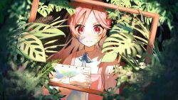Rule 34 | 1girl, blush, canvas (object), collared shirt, dress, highres, holding, layered clothes, leaf, long hair, long sleeves, looking at viewer, neck ribbon, paint, paint on body, peperonnronna, picture frame, pink eyes, pink hair, ribbon, sf-a2 miki, shirt, sleeveless, sleeveless dress, smile, solo, vocaloid