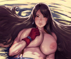 Rule 34 | 1girl, bare shoulders, breasts, brown eyes, brown hair, commentary, earrings, english commentary, final fantasy, final fantasy vii, gloves, jewelry, kupocun, large breasts, long hair, looking at viewer, lying, navel, nipples, on back, parted lips, pencil skirt, red gloves, skirt, square enix, suspender skirt, suspenders, swept bangs, tifa lockhart, topless
