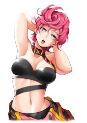 Rule 34 | 1girl, absurdres, armpits, arms behind head, arms up, blush, breasts, cleavage, green eyes, head tilt, highres, jojo no kimyou na bouken, light blush, looking at viewer, medium breasts, navel, open mouth, pink hair, short hair, simple background, solo, stomach, strapless, trish una, vento aureo, white background, yaobin yang