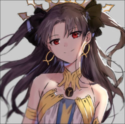 Rule 34 | 1girl, bare shoulders, black bow, bow, brown hair, closed mouth, collarbone, earrings, fate/grand order, fate (series), grey background, hair between eyes, hair bow, hakusai (tiahszld), head tilt, ishtar (fate), jewelry, long hair, looking at viewer, red eyes, simple background, smile, solo, tiara, tohsaka rin, two side up, very long hair