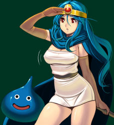 Rule 34 | 1girl, :d, arm behind back, arm up, bad id, bad pixiv id, belt, black eyes, blob, blue hair, blue skin, bouncing breasts, breasts, cape, chunsoft, circlet, cleavage, colored skin, covered erect nipples, cowboy shot, dragon quest, dragon quest iii, dress, elbow gloves, enix, gloves, green background, hair between eyes, holding, jumping, kouno (masao), large breasts, long hair, looking away, monster, motion lines, o o, open mouth, parted lips, red eyes, sage (dq3), shading eyes, short dress, sidelocks, simple background, skirt, slime (dragon quest), smile, solo, staff, standing, strapless, strapless dress, thighs, tube dress, very long hair, white skirt, wide hips