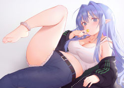 Rule 34 | 1girl, absurdres, ahoge, ankle scrunchie, arm up, asymmetrical clothes, bare legs, bare shoulders, barefoot, belt, belt buckle, black jacket, blue eyes, blue hair, blush, bra strap, breasts, buckle, candy, cleavage, collarbone, colored eyelashes, cutoffs, denim, eating, elf, food, gradient background, grey background, hair intakes, highres, holding, holding food, jacket, jeans, large breasts, leg up, legs, lollipop, looking at viewer, lying, navel, off shoulder, on back, open clothes, open jacket, original, pants, pointy ears, scrunchie, single pantsleg, solo, strap slip, tank top, toes, unzipped, zhaofeng yinyue