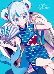 Rule 34 | 1girl, absurdres, adapted costume, blue background, blue dress, blue eyes, blue hair, blue nails, blush, bun cover, china dress, chinese clothes, closed mouth, double bun, dress, fins, fish tail, gawr gura, hair bun, hand fan, highres, holding, holding fan, hololive, hololive english, holomyth, ichijo rei, looking at viewer, multicolored hair, nail polish, shark tail, short hair, simple background, smile, solo, tail, virtual youtuber, white hair