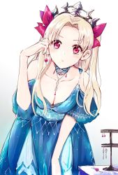 Rule 34 | 1girl, aruti, blush, bow, breasts, cleavage, collarbone, crown, downblouse, unworn earring, earrings, ereshkigal (fate), fate/grand order, fate (series), hair bow, highres, jewelry, leaning forward, long hair, looking at viewer, red eyes, red ribbon, ribbon, single earring, solo, tiara, two side up, white background