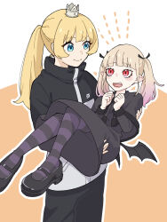 Rule 34 | 2girls, black capelet, black dress, black footwear, black jacket, black pants, blonde hair, blue eyes, blush stickers, capelet, carrying, closed mouth, crown, dress, fangs, feet out of frame, highres, hime-sama &quot;goumon&quot; no jikan desu, hime (himesama goumon), jacket, lipstick, looking at another, low wings, makeup, mini crown, multicolored clothes, multicolored hair, multicolored jacket, multiple girls, open mouth, pants, pointy ears, ponytail, princess carry, red eyes, short twintails, simple background, slit pupils, smile, streaked hair, striped clothes, striped thighhighs, thighhighs, turtleneck, turtleneck jacket, twintails, two-tone jacket, user xcue8588, vampire, vanilla peschutz, wavy mouth, white jacket, wings
