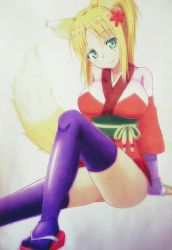 Rule 34 | 10s, 1girl, animal ears, blonde hair, blue thighhighs, breasts, dog days, fox ears, fox tail, green eyes, hair ornament, hairclip, highres, japanese clothes, kimono, large breasts, light smile, looking at viewer, obi, ponytail, sandals, sash, simple background, sitting, solo, tail, thighhighs, traditional media, white background, yukata, yukikaze panettone