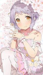 Rule 34 | 1girl, bare shoulders, blush, braid, brooch, cherry blossoms, collarbone, commentary, detached sleeves, dot nose, dress, floral background, floral print, flower, flower necklace, gem, hair ribbon, hands up, happy birthday, highres, idolmaster, idolmaster million live!, interlocked fingers, jewelry, lace, lace-trimmed dress, lace trim, layered dress, looking at viewer, makabe mizuki, mochigome (ununquadium), necklace, pantyhose, pink background, pink dress, print dress, purple hair, ribbon, rose print, short hair, sidelocks, sitting, smile, solo, strapless, strapless dress, wavy hair, white pantyhose, wrist cuffs, yellow eyes