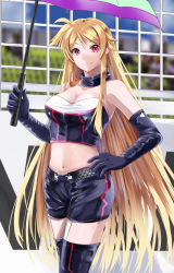 Rule 34 | 1girl, armpits, bare shoulders, black collar, black gloves, black shorts, black thighhighs, blonde hair, breasts, cleavage, collar, collarbone, commentary request, elbow gloves, fate testarossa, gloves, holding, holding umbrella, large breasts, long hair, looking at viewer, lyrical nanoha, mahou shoujo lyrical nanoha strikers, navel, race queen, red eyes, shorts, sidelocks, smile, solo, sougetsu izuki, standing, stomach, thighhighs, umbrella, very long hair