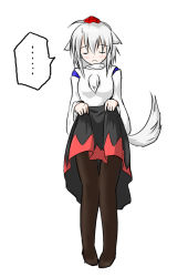 Rule 34 | 1girl, ahoge, animal ears, black pantyhose, blush, breasts, closed eyes, detached sleeves, ears down, embarrassed, full body, hat, inubashiri momiji, pantyhose, pom pom (clothes), short hair, silver hair, simple background, solo, tail, taurine 8000mg, tokin hat, touhou, white background, wolf ears, wolf tail
