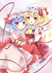 Rule 34 | 2girls, arm ribbon, ascot, back bow, bat wings, blonde hair, blue brooch, blue hair, bow, breasts, brooch, collared shirt, cowboy shot, crystal, flandre scarlet, frilled shirt collar, frilled skirt, frills, gradient background, green brooch, hat, hat ribbon, highres, jewelry, large bow, looking at viewer, medium hair, mob cap, multicolored wings, multiple girls, nagisa shizuku, one side up, open mouth, pink background, pink headwear, pink shirt, pink skirt, red ascot, red bow, red eyes, red ribbon, red skirt, red vest, remilia scarlet, ribbon, shirt, siblings, simple background, sisters, skirt, small breasts, touhou, vest, white background, white headwear, white shirt, wings, yellow ascot