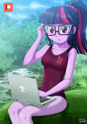 Rule 34 | 1girl, breasts, colored skin, computer, glasses, hair tie, laptop, multicolored hair, my little pony, my little pony: equestria girls, my little pony: friendship is magic, one-piece swimsuit, personification, pink hair, ponytail, purple eyes, purple hair, purple skin, school swimsuit, sci-twi, solo, swimsuit, twilight sparkle, two-tone hair, uotapo