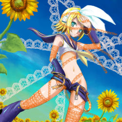Rule 34 | 1girl, belt, blonde hair, blue eyes, breasts, flat chest, flower, hair ornament, hair ribbon, hairclip, kagamine rin, lace, legs, midriff, no panties, open clothes, open fly, open shorts, oxoxox, ribbon, shorts, small breasts, solo, sunflower, underboob, undressing, unzipped, vocaloid, yamatomaru keruwo