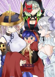 Rule 34 | 4girls, blue eyes, blue hair, blush, breast conscious, breasts, carrying, cleavage, commentary, commission, demon girl, diabellstar the black witch, dress, duel monster, fleurdelis (yu-gi-oh!), grey eyes, grey hair, half mask, highres, large breasts, lo the prayers of the voiceless voice, looking at another, lovely labrynth of the silver castle, mask, medium hair, multiple girls, odd one out, princess carry, red robe, robe, sawan cutman, skeb commission, strapless, strapless dress, surrounded, talisman, the iris swordsoul, yu-gi-oh!