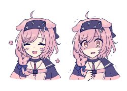 Rule 34 | 1girl, :d, ahoge, animal ears, arknights, blush, bow, braid, cat ears, cat girl, closed eyes, collar, commentary request, cropped torso, flower (symbol), goldenglow (arknights), hair bow, hair ornament, hairband, hairclip, highres, jacket, lightning bolt print, long hair, looking at viewer, mayuchi427, motion lines, multicolored clothes, multicolored jacket, multiple views, open mouth, pink jacket, print hairband, purple bow, purple collar, purple hairband, purple jacket, shaded face, shirt, side braid, simple background, single braid, smile, tearing up, trembling, white background, white shirt, yellow eyes