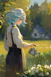 Rule 34 | 1girl, absurdres, ahoge, artist name, blue eyes, blue hair, blue sky, blush, building, bush, cowlick, day, faux traditional media, flower, furina (genshin impact), gardening, genshin impact, grass, highres, holding, holding watering can, house, impasto, long sleeves, multicolored hair, outdoors, painterly, plant, ravine bells, scenery, short hair, sky, solo, tree, water, watering, watering can