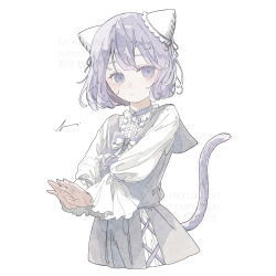 Rule 34 | 1girl, absurdres, animal ears, bow, bowtie, brooch, cat ears, cat girl, cat tail, dress, ear covers, expressionless, highres, jewelry, long sleeves, looking at viewer, original, own hands together, purple eyes, purple hair, short hair, simple background, solo, tail, upper body, white background, yuge kemuri