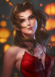 Rule 34 | 1girl, aerith gainsborough, aerith gainsborough (red dress), bare arms, bare shoulders, blurry, blurry background, breasts, brown hair, cleavage, dress, final fantasy, final fantasy vii, final fantasy vii remake, flamenco dress, green eyes, highres, jewelry, kacheong, lantern, lips, long hair, looking at viewer, medium breasts, multiple necklaces, necklace, official alternate costume, parted bangs, portrait, red dress, sidelocks, solo, square enix, star (symbol), star necklace, strapless, strapless dress, upper body, wall market, wavy hair
