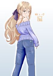 Rule 34 | 1girl, alternate costume, artist logo, blonde hair, blue eyes, commentary request, dated, denim, feet out of frame, from behind, hair between eyes, highres, jeans, kantai collection, ld (luna dial398), long hair, looking at viewer, mole, mole under eye, mole under mouth, off-shoulder sweater, off shoulder, one-hour drawing challenge, pants, purple sweater, richelieu (kancolle), solo, standing, sweater