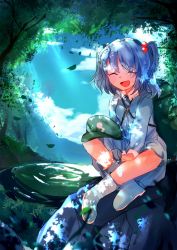 Rule 34 | 1girl, absurdres, backpack, bag, blue footwear, blue hair, blue shirt, blue skirt, blue sky, boots, closed eyes, cloud, collared shirt, falling leaves, flat cap, forest, frilled shirt collar, frills, full body, grass, green hat, hair bobbles, hair ornament, hat, highres, kappa, kawashiro nitori, key, leaf, long sleeves, medium hair, moyashi (oekaki touhou), nature, open mouth, pocket, pond, rock, rubber boots, shirt, short twintails, sidelocks, skirt, sky, smile, solo, tokin hat, touhou, tree, twintails