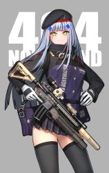 Rule 34 | 1girl, ahd, assault rifle, bag, beret, blue hair, cross, girls&#039; frontline, gloves, green eyes, grenade launcher, gun, h&amp;k hk416, hat, heckler &amp; koch, highres, hk416 (girls&#039; frontline), iron cross, long hair, looking at viewer, m203, rifle, simple background, solo, suppressor, thighhighs, trigger discipline, underbarrel grenade launcher, weapon, zettai ryouiki
