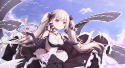 Rule 34 | 1girl, absurdres, azur lane, between breasts, bird, black dress, black gloves, black nails, black ribbon, breasts, bridal gauntlets, cleavage, closed mouth, commentary, cup, detached collar, dress, formidable (azur lane), frilled dress, frills, gloves, gothic lolita, highres, holding, holding tray, large breasts, light smile, lolita fashion, long hair, looking away, nail polish, necktie, necktie between breasts, platinum blonde hair, red eyes, ribbon, shimutsuki, silver hair, sky, solo, tray, twintails, two-tone dress, two-tone ribbon, very long hair, white necktie