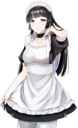 Rule 34 | 1girl, :o, alternate costume, apron, bad id, bad twitter id, black choker, black dress, black hair, breasts, character request, choker, copyright request, dress, enmaided, frilled apron, frills, grey eyes, highres, long hair, maid, maid apron, maid headdress, medium breasts, pantyhose, puffy short sleeves, puffy sleeves, short sleeves, smile, solo, toriniku senshi chikinman, white apron, white pantyhose