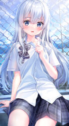 Rule 34 | 1girl, absurdres, arm at side, black bow, black skirt, blue eyes, blue sky, blush, bow, collarbone, collared shirt, commentary request, cowboy shot, day, dress shirt, eyelashes, fence, frown, hair between eyes, hand up, highres, hot, long hair, looking at viewer, mashiro fuuna, miniskirt, open mouth, original, outdoors, partial commentary, plaid, plaid skirt, school uniform, shiny skin, shirt, short sleeves, sidelighting, sidelocks, skirt, sky, solo, summer, sunlight, sweat, tyutaka0427, very long hair, white hair, white shirt
