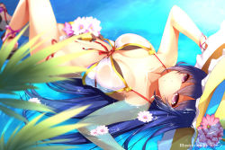Rule 34 | 1girl, absurdres, afloat, artist name, bangle, bikini, blue hair, blurry, bracelet, breasts, dean (momodean), depth of field, eyelashes, flower, front-tie bikini top, front-tie top, hat, hat flower, hat ribbon, highres, jewelry, kasumi (shironeko project), knee up, large breasts, leaf, long hair, looking at viewer, lying, navel, on back, parted lips, partially submerged, purple eyes, red ribbon, ribbon, ribbon trim, sandals, shironeko project, side-tie bikini bottom, solo, sparkle, sun hat, swimsuit, water, wet, white bikini