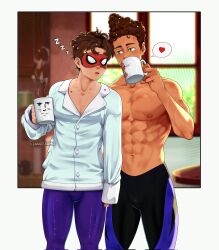 Rule 34 | 2angelisimo, 2boys, abs, alberto scorfano, bara, black bodysuit, black hair, bodysuit, collared shirt, corrupted twitter file, couple, covered eyes, cup, dark-skinned male, dark skin, highres, holding, holding cup, large pectorals, looking at another, luca (pixar), luca paguro, male focus, multiple boys, muscular, muscular male, navel, nipples, original, pectoral cleavage, pectorals, purple bodysuit, shirt, short hair, topless male, twitter username, two-tone bodysuit, white shirt, yaoi, zzz