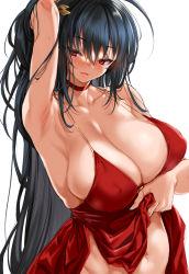 Rule 34 | 1girl, arm behind head, arm up, armpits, azur lane, bare shoulders, black hair, blush, breasts, choker, cle masahiro, cleavage, cocktail dress, collarbone, dress, dress shirt, hair ornament, highres, huge breasts, long hair, looking at viewer, navel, open mouth, red choker, red dress, red eyes, shirt, smile, taihou (azur lane), taihou (forbidden feast) (azur lane), tongue, tongue out