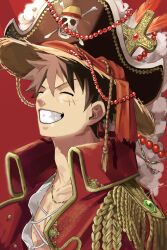 Rule 34 | 1boy, alternate costume, black hair, clenched teeth, closed eyes, commentary request, cross, epaulettes, facial scar, fujitachobi, hat, highres, jewelry, jolly roger, male focus, monkey d. luffy, one piece, pirate hat, red background, scar, scar on cheek, scar on face, short hair, simple background, skull and crossbones, smile, solo, straw hat, teeth