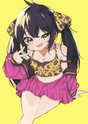 Rule 34 | 1girl, absurdres, animal print, arm support, bare legs, blush, breasts, brown hair, cleavage, collarbone, crop top, crossed legs, feet out of frame, groin, highres, idolmaster, idolmaster cinderella girls, invisible chair, jacket, jacket partially removed, leopard print, looking at viewer, matoba risa, navel, pink jacket, pink skirt, pleated skirt, sasakungoodsize, simple background, sitting, skirt, small breasts, smile, solo, twintails, uneven eyes, w, yellow background