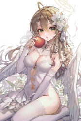 Rule 34 | 1girl, absurdres, ahoge, angel, angel wings, apple, blonde hair, brooch, center opening, collar, commentary request, detached collar, detached sleeves, dress, flower, food, fruit, gem, green eyes, hair between eyes, hair flower, hair ornament, halo, highres, holding, holding food, holding fruit, jewelry, kudou (sikisiki0000), lace, lace-trimmed dress, lace-trimmed sleeves, lace-trimmed thighhighs, lace trim, long hair, looking at viewer, navel, necklace, open mouth, original, pale skin, seiza, simple background, sitting, solo, thighhighs, white background, white collar, white dress, white flower, white sleeves, white thighhighs, white wings, wings