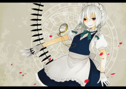 Rule 34 | 1girl, apron, bad id, bad pixiv id, braid, female focus, gloves, izayoi sakuya, katagiri (mighty swing), knife, letterboxed, maid, maid apron, maid headdress, pocket watch, puffy sleeves, red eyes, short hair, short sleeves, silver hair, smile, solo, sparkle, touhou, twin braids, watch, weapon
