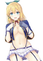 Rule 34 | 10s, 1girl, absurdres, blonde hair, blue eyes, blue gloves, blush, bow, breasts, cleavage, dutch angle, garter straps, gloves, gluteal fold, groin, hair between eyes, hair bow, hands on own chest, highres, inanaki shiki, looking at viewer, medium breasts, navel, no bra, open clothes, open mouth, open shirt, raised eyebrows, rokudenashi majutsu koushi to akashic record, rumia tingel, school uniform, shirt, short hair, single glove, skirt, stomach, thighhighs, thighs, underboob, white background