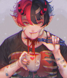 Rule 34 | 1boy, artist name, astrocatsama, bandaged fingers, bandaged head, bandages, bandaid, bandaid on arm, bandaid on cheek, bandaid on face, bandaid on neck, black hair, black horns, black nails, black shirt, black sleeves, blood drip, commentary, cup, demon horns, english commentary, grey background, guro, harajuku fashion, heart stickers, holding, holding cup, holding knife, horns, implied self-mutilation, knife, leaning forward, lower teeth only, lungs, male focus, mug, multicolored hair, multicolored horns, nail polish, open mouth, original, pointy ears, red eyes, red hair, red horns, ribs, shirt, short hair, short sleeves, slit throat, smile, solo, star (symbol), star sticker, starry background, straight-on, striped horns, t-shirt, teeth, two-tone hair, two-tone horns, upper body, very short hair