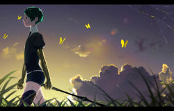 Rule 34 | 1other, androgynous, black necktie, bug, butterfly, cloud, colored eyelashes, cowboy shot, crack, crystal hair, from side, gem uniform (houseki no kuni), glint, golden arms, grass, green eyes, green hair, highres, holding, holding weapon, houseki no kuni, insect, kattatsu (aadg7828), letterboxed, nature, necktie, outdoors, phosphophyllite, profile, puffy short sleeves, puffy sleeves, reverse grip, sad, scenery, shards, short hair, short sleeves, sky, solo, sparkle, spoilers, sunset, sword, walking, weapon, yellow butterfly
